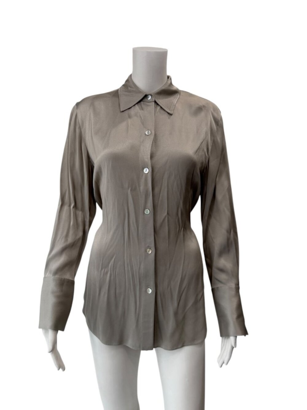 $345 Vince Taupe Gray Satin Wrap Tie Blouse Button Down Polo Top size XS